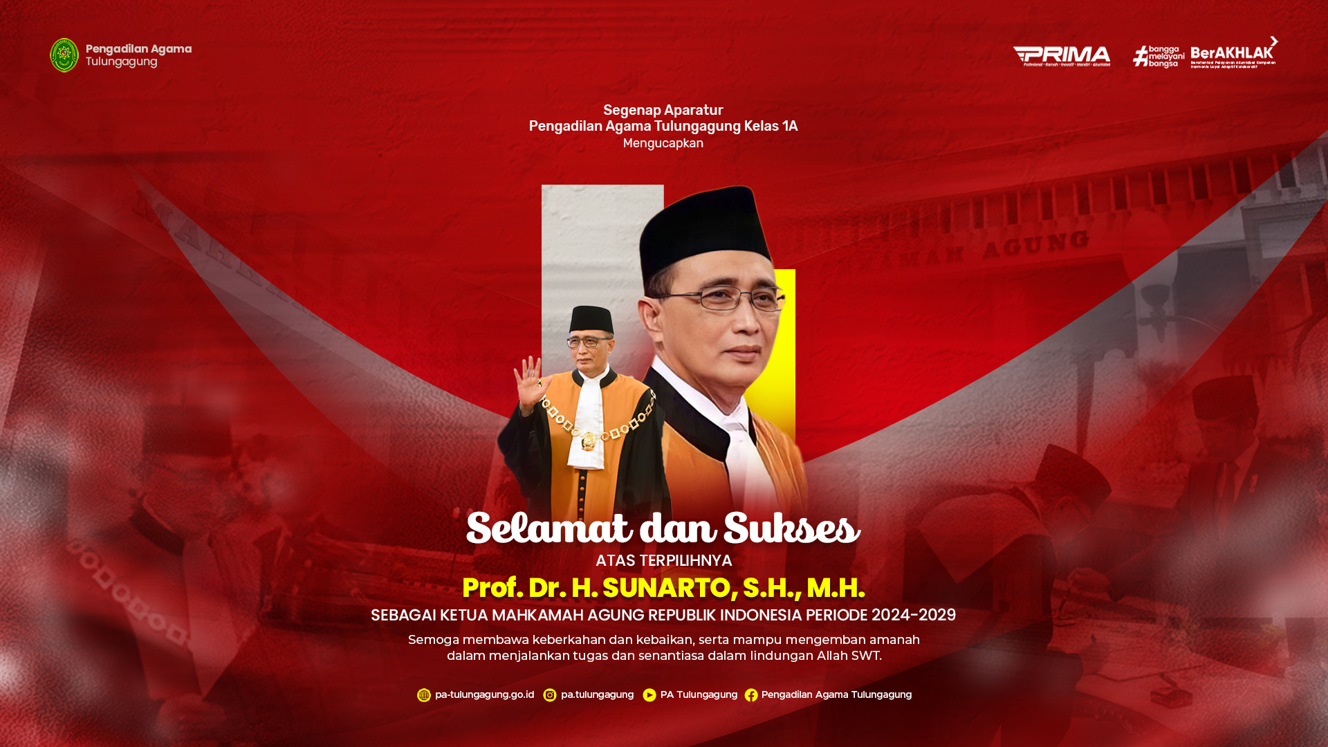 Selamat dan Sukses Prof. Dr. H. Sunarto, S.H., M.H. sebagai Ketua Mahkamah Agung Republik Indonesia periode 2024-2029.